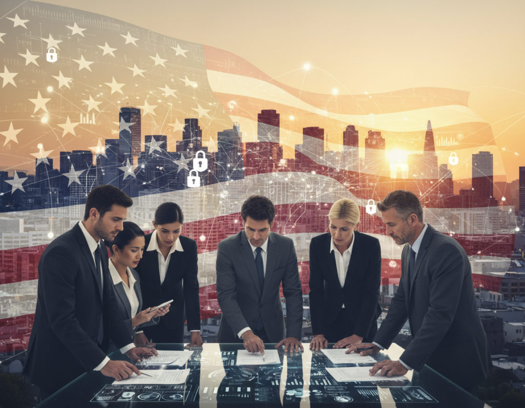 A conceptual representation of "United States Privacy" depicted through a layered design. In the foreground, a diverse group of professionals in business attire is engaged in a discussion around a digital table, scrutinizing data and legal documents. The middle layer features an abstract depiction of the United States flag intertwined with digital data streams, symbolizing the complexities of privacy rules. In the background, a city skyline representing major tech hubs reflects a soft evening glow, hinting at a network of data flow. Warm, ambient lighting creates a serious yet hopeful atmosphere, emphasizing the balance between privacy and security. The composition captures the essence of sectoral privacy rules amidst evolving national security concerns.