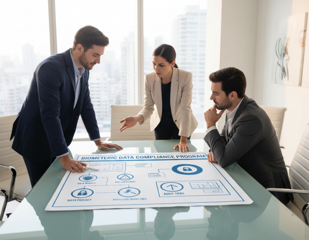 A detailed blueprint of a biometric data compliance program, laid out on a sleek, modern table. In the foreground, sharp lines and diagrams illustrate various compliance strategies, with icons representing data privacy, risk management, and regulatory guidelines. In the middle ground, a diverse group of professionals casually discussing and pointing at the blueprint; they are dressed in smart business attire, conveying a sense of collaboration and expertise. In the background, a minimalistic, high-tech office environment bathed in soft, natural lighting to create an inviting atmosphere. The camera angle is slightly above the table, providing a clear view of the blueprint and the team engaged in dialogue. The overall mood is focused and professional, highlighting the importance of compliance in modern technology. A detailed blueprint of a biometric data compliance program, laid out on a sleek, modern table. In the foreground, sharp lines and diagrams illustrate various compliance strategies, with icons representing data privacy, risk management, and regulatory guidelines. In the middle ground, a diverse group of professionals casually discussing and pointing at the blueprint; they are dressed in smart business attire, conveying a sense of collaboration and expertise. In the background, a minimalistic, high-tech office environment bathed in soft, natural lighting to create an inviting atmosphere. The camera angle is slightly above the table, providing a clear view of the blueprint and the team engaged in dialogue. The overall mood is focused and professional, highlighting the importance of compliance in modern technology.