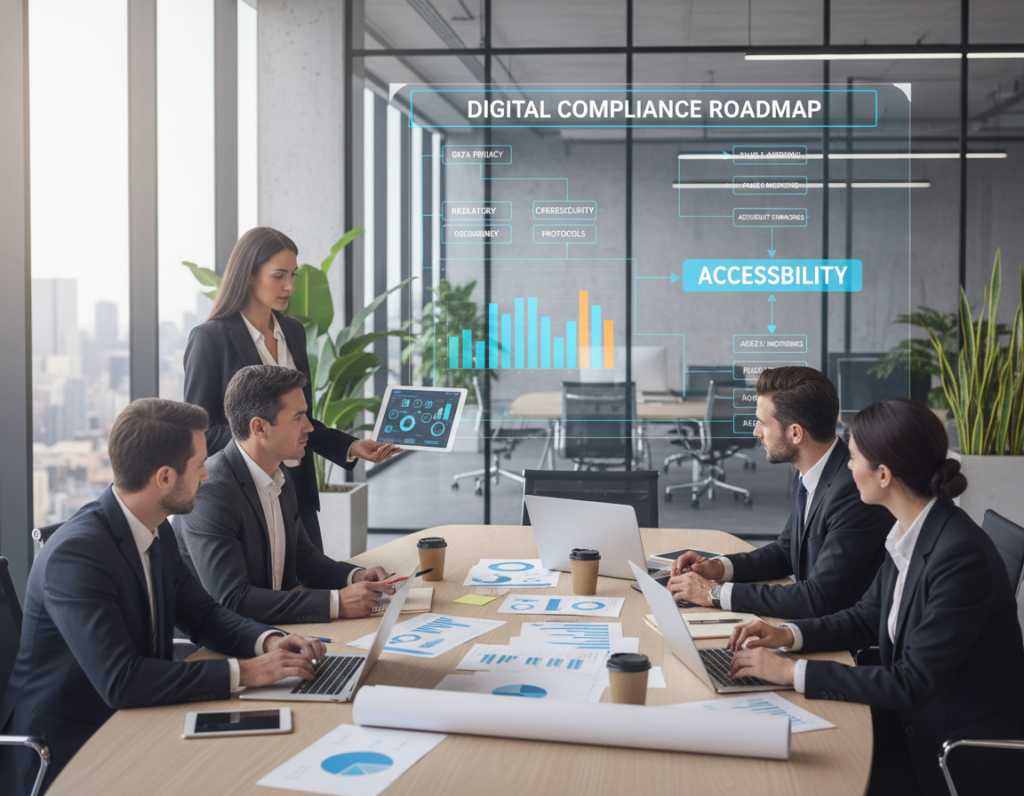A detailed implementation roadmap for digital compliance in a modern workspace. In the foreground, a diverse group of professionals in business attire collaborate around a sleek conference table covered with documents, digital devices, and colorful charts. The middle ground features a large digital screen displaying a flowchart outlining key compliance milestones and tasks, emphasizing accessibility. The background consists of a contemporary office with glass walls and greenery, creating a vibrant atmosphere. Soft, natural lighting filters through large windows, enhancing focus and clarity. The overall mood conveys teamwork, determination, and innovation in the quest for compliance in the tech industry.
