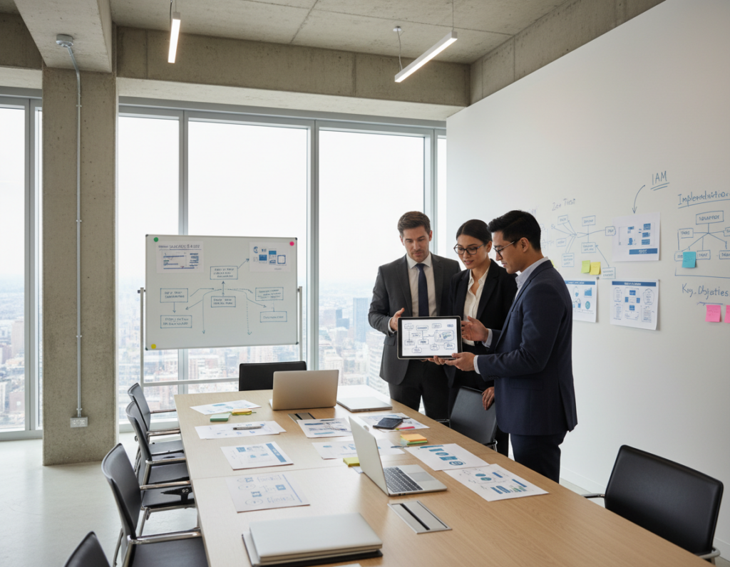 A modern corporate office interior scene showcasing a diverse team of professionals collaborating on an Identity and Access Management (IAM) program. In the foreground, a group of three individuals, dressed in professional business attire, are engaged in discussion around a digital tablet displaying IAM workflows. The middle ground features a large conference table with laptops, documents, and visual aids displaying IAM principles and scalable solutions. The background reveals a large glass window with a cityscape view, allowing natural light to fill the space, creating a productive atmosphere. The room has sleek, contemporary design elements, including whiteboards with diagrams and flowcharts. The mood is focused, optimistic, and collaborative, with a sense of innovation and progress in the air.