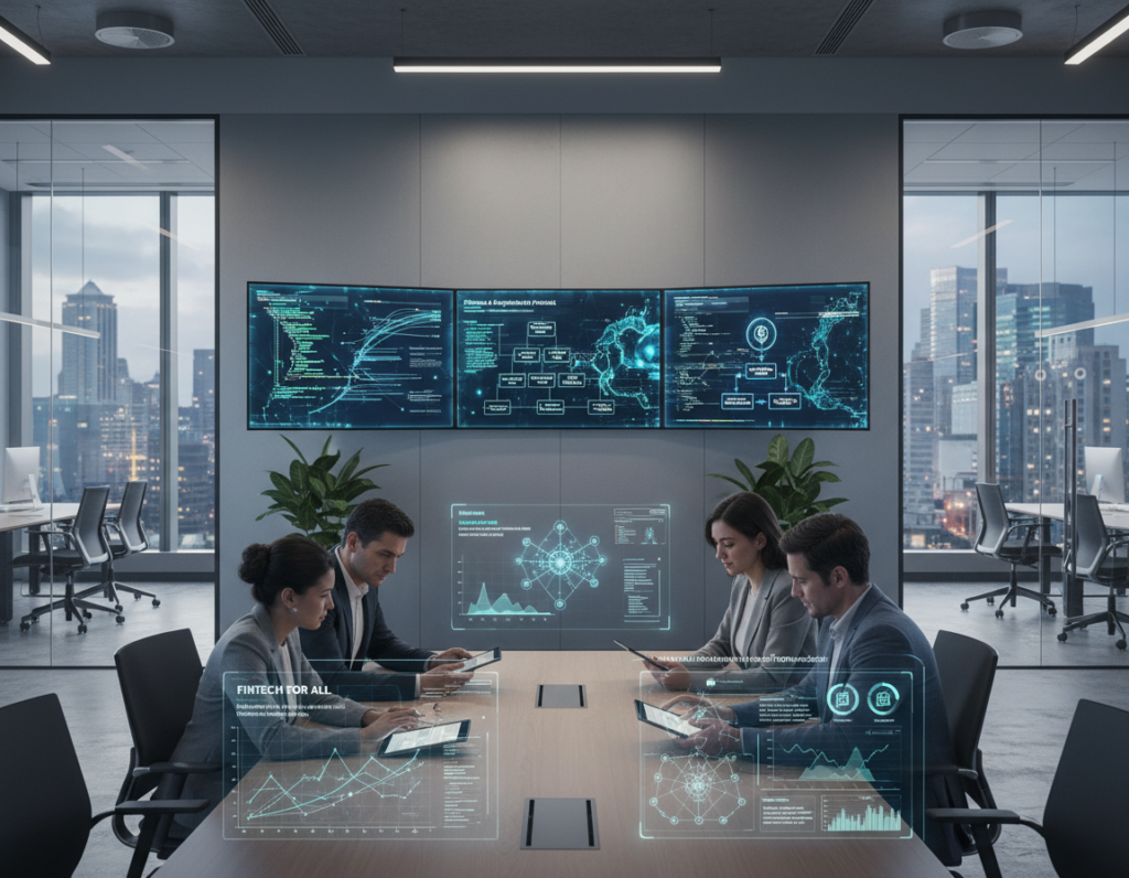 A modern office environment highlighting various lending models in the FinTech sector. In the foreground, diverse professionals in business attire analyze charts and graphs on digital tablets, showcasing algorithmic data pertaining to underwriting models. The middle ground features large screens displaying algorithms and visualizations of data analytics, emphasizing transparency and fairness in decision-making. In the background, a contemporary glass office space with a city skyline view adds to the professional setting. Soft, natural lighting illuminates the room, creating a collaborative atmosphere. The image conveys a sense of innovation and trust within the lending industry, with a focus on technology-driven solutions for transparency in financial services. A modern office environment highlighting various lending models in the FinTech sector. In the foreground, diverse professionals in business attire analyze charts and graphs on digital tablets, showcasing algorithmic data pertaining to underwriting models. The middle ground features large screens displaying algorithms and visualizations of data analytics, emphasizing transparency and fairness in decision-making. In the background, a contemporary glass office space with a city skyline view adds to the professional setting. Soft, natural lighting illuminates the room, creating a collaborative atmosphere. The image conveys a sense of innovation and trust within the lending industry, with a focus on technology-driven solutions for transparency in financial services.
