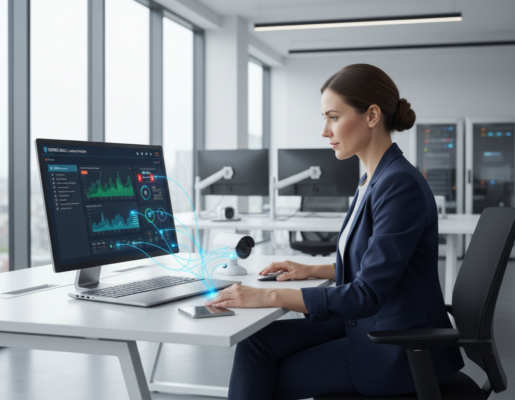 A sleek and modern workspace showcasing endpoint security software in action. In the foreground, a high-resolution laptop screen displays a user-friendly interface of security software, complete with active monitoring stats, and alerts in vibrant colors. To the side, a smartphone and a smart IoT device like a security camera are connected wirelessly, indicating a secure network. The middle layer features a business professional in smart casual attire, focused on the laptop, embodying a sense of vigilance and cybersecurity awareness. The background is softly blurred, revealing a contemporary office setting with clear glass panels and sophisticated technology all around. Bright, natural lighting adds an optimistic atmosphere, emphasizing the importance of protection in today’s digital age, while maintaining a clean and professional aesthetic.