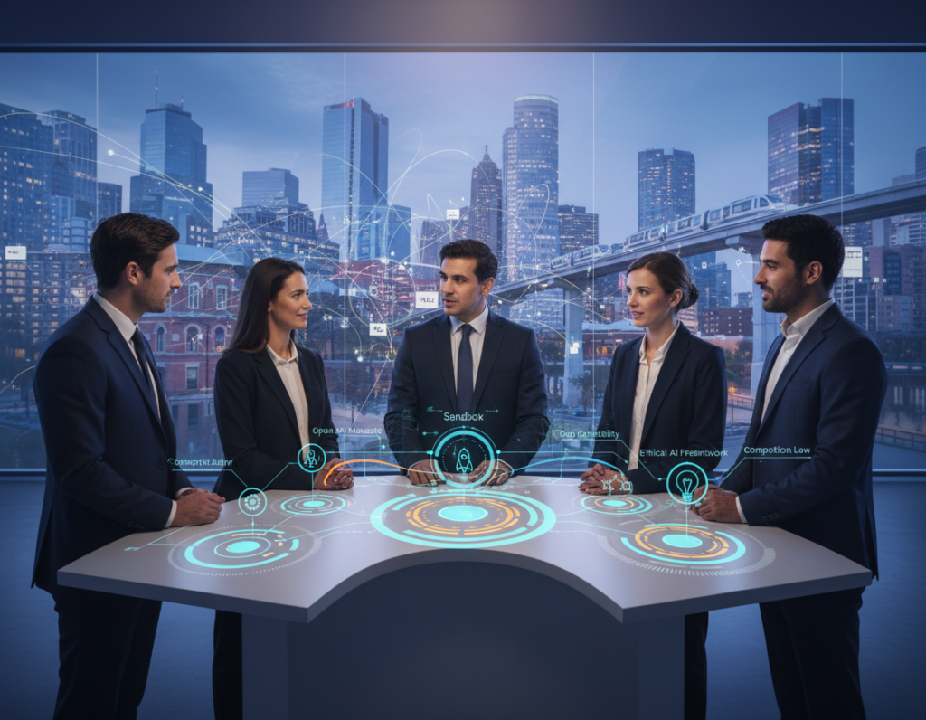 A visually striking image representing "innovation instrument choice" within the context of technology regulation. In the foreground, a diverse group of five professionals in smart business attire, including men and women, are deeply engaged in a discussion around a high-tech digital interface displaying various regulatory instruments—circles, arrows, and graphs illustrating their impact on innovation. The middle ground features a large transparent screen showcasing a city skyline, symbolizing digital markets and a blend of traditional and futuristic buildings. The background is softly illuminated with a blue-toned light, evoking a sense of innovation amidst regulations. The overall mood is one of collaboration and forward-thinking, captured with a soft focus lens at eye level to enhance engagement in the concept of innovative choices shaped by regulation.