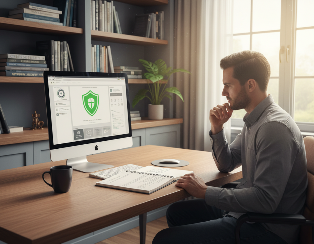 A well-organized home office space depicting the concept of "good cyber hygiene." In the foreground, a neatly arranged desk features a computer screen displaying cybersecurity software, with an open notebook and a cup of coffee beside it. A person, dressed in smart casual attire, is actively engaged in reviewing digital security guidelines, their facial expression focused and determined. In the middle ground, bookshelves filled with cybersecurity literature provide a sense of depth and knowledge, while a potted plant adds a touch of liveliness. The background features a soft-focus window that lets in natural light, illuminating the workspace and creating a warm, inviting atmosphere. The overall mood conveys professionalism and responsibility, ideal for individuals and small businesses aiming to enhance their digital security habits.